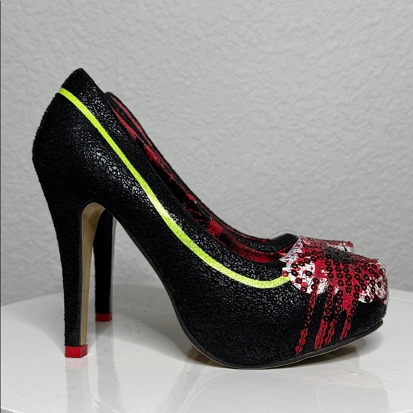 IRON FIST Y2K BLEEDER POPPY FLOWER SEQUIN EMBELLISHED BLACK VEGAN LEATHER HEELS - Picture 7 of 12